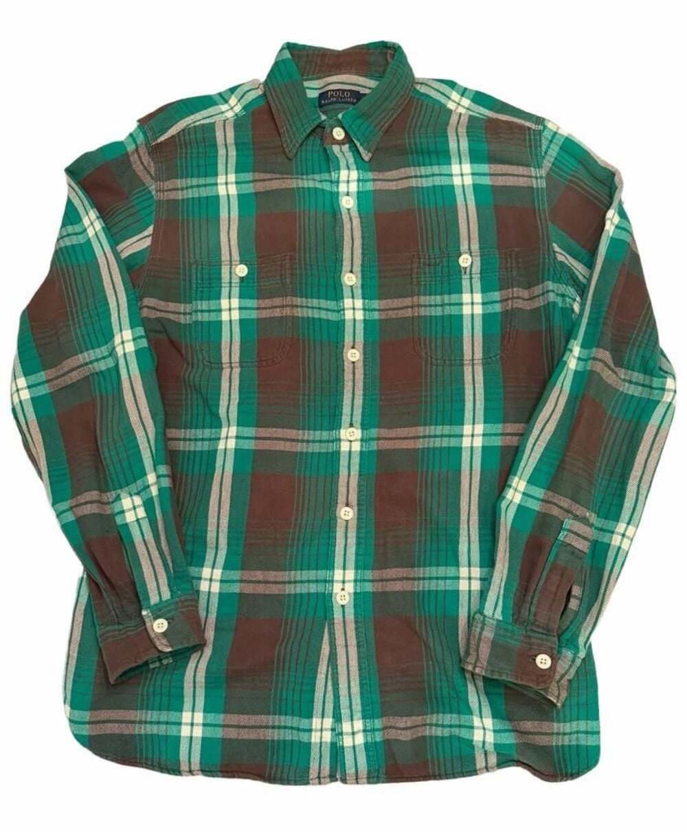 Polo Ralph Lauren Green and Brown Plaid Cotton Workshirt Button Front Shirt L